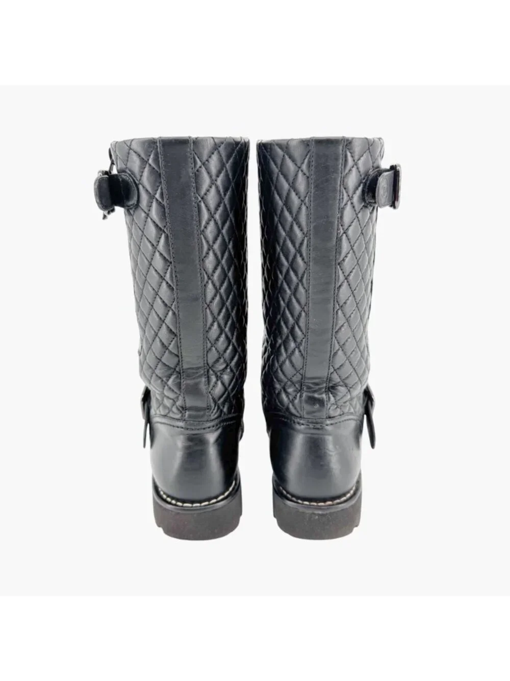 Chanel Quilted Moto Boots EU 37.5 US 6.5-7 Black Leather CC Biker Riding Calf